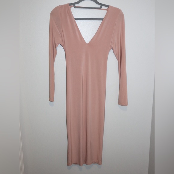 Club L Long Sleeve V-Neck Dress in Mink - Picture 1 of 4